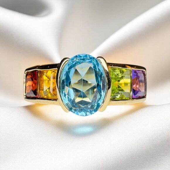 VINTAGE- 10K Gold -Multi Gemstone Ring -Sz 5 Rainbow Ring -Topaz Garnet Amethyst - Picture 8 of 16
